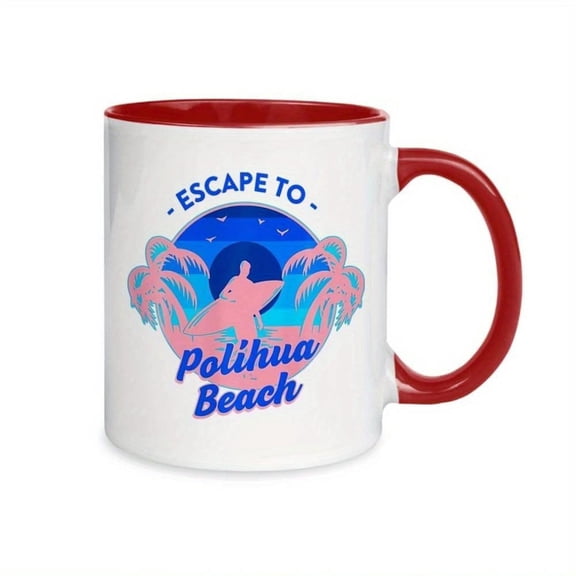 1pc Beach Surfer Coffee Mug Tropical Surf Theme Cup with Red Handle Hawaii Beach Vacation Decor Ceramic Cup Hot Cold Drinks Ideal Surf Lovers Housewarming or Coastal Home Decor Dur