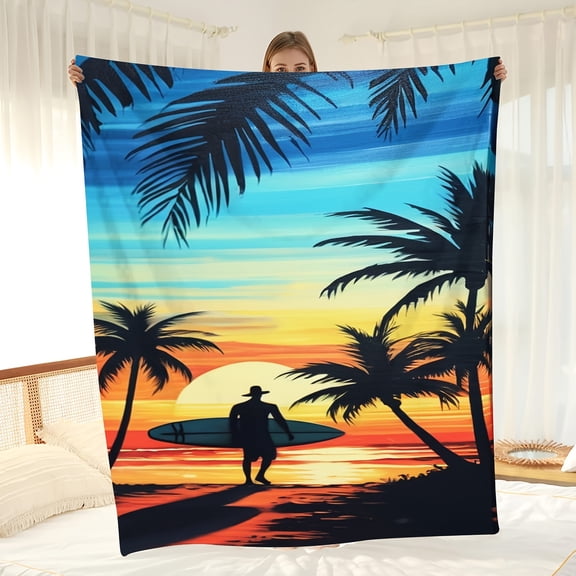 1pc Beach Surfing Pattern Blanket Soft Flannel Sofa Blanket For Sofa, Bed, Or Outdoor Use