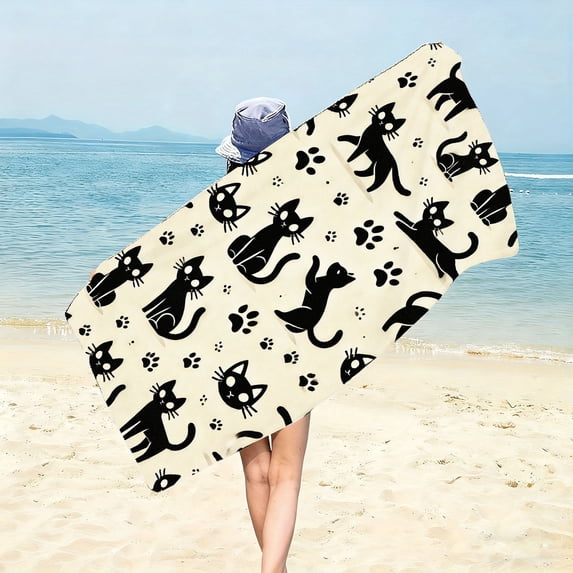 1pc Beach TowelCream Beach Towel with Black Cat Silhouettes & Paw ...