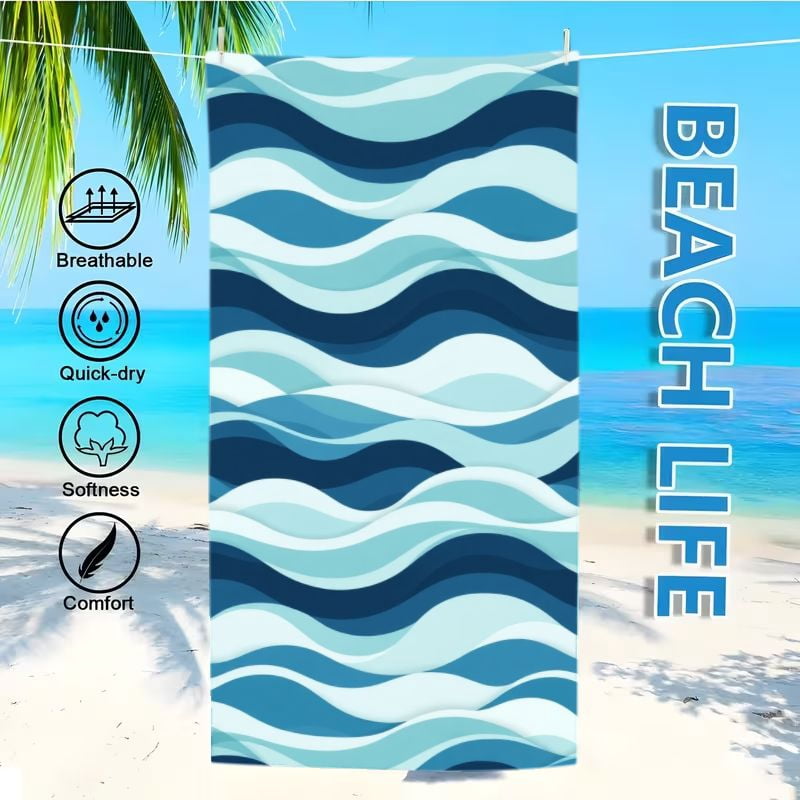 1pc Beach Towelblue Wave Pattern Beach Towel, Large Rectangular Sand ...