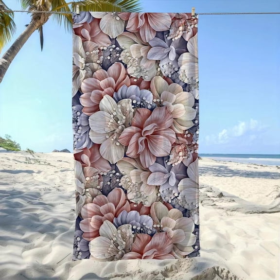 1pc Beach towel with bright pink floral pattern on a light background - Polyester fabric, great for swimming, camping