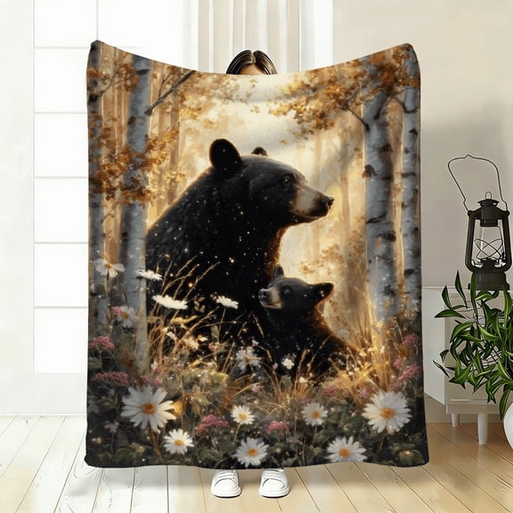 1pc Bear Among Flowers HD Printed Blanket. Soft and Warm Flannel Blankets for Travel, Camping, Sofa, Livingroom, Couch, Chair, Bed. Gift for Family or Friends.