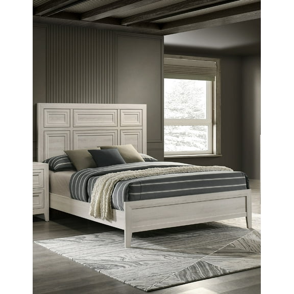 1pc Beautiful Architectural Paneling King Size Bed Off-White Finish
