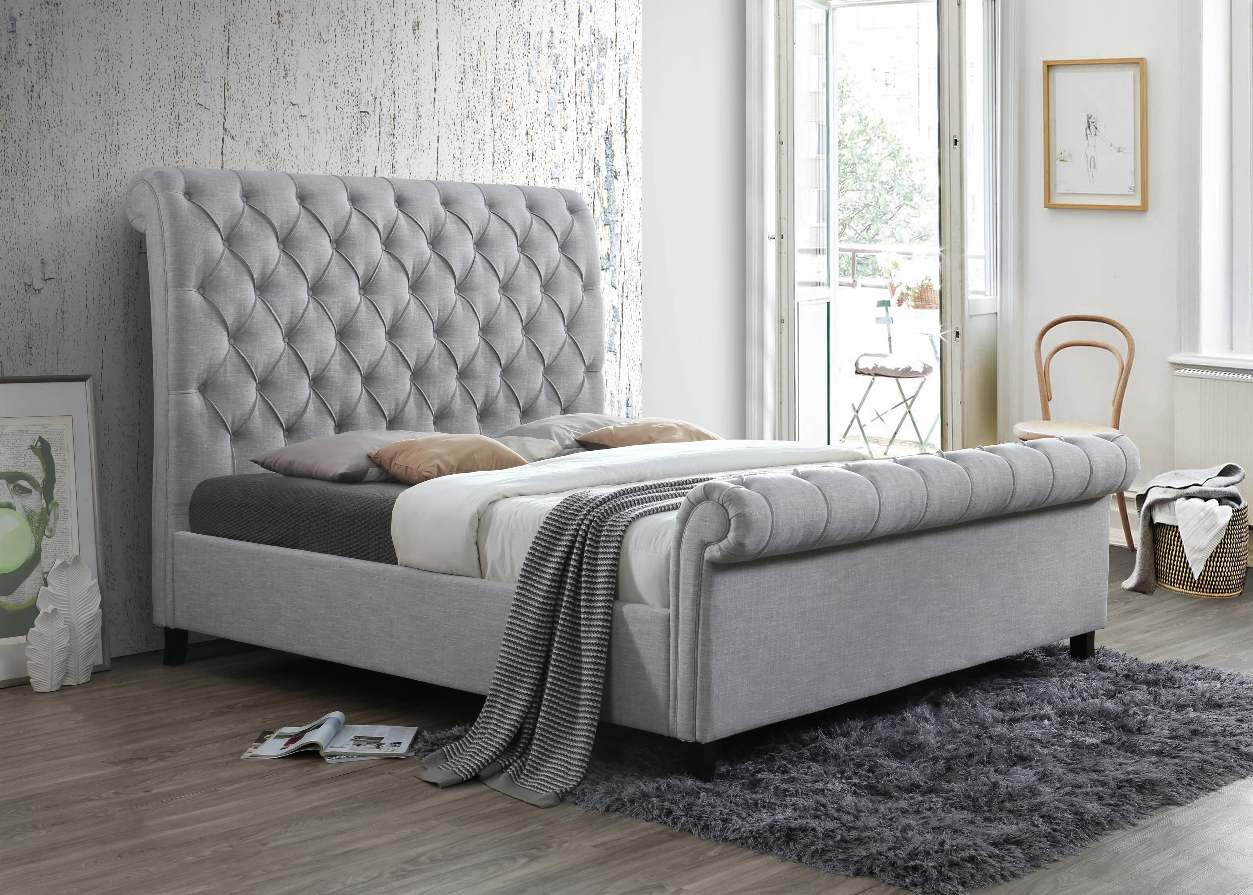 1pc Beautiful King Size Fabric Upholstered Button Tufted Tall Headboard Bed Gray Finish