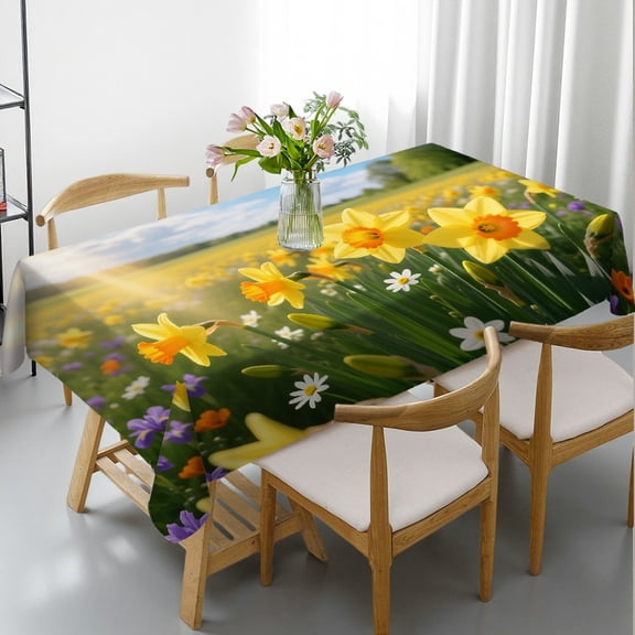 1pc Beautiful Yellow Daffodils Print Rectangular Tablecloth, 2D Flat Printing Kitchen Accessories, Beautiful Yellow Daffodils