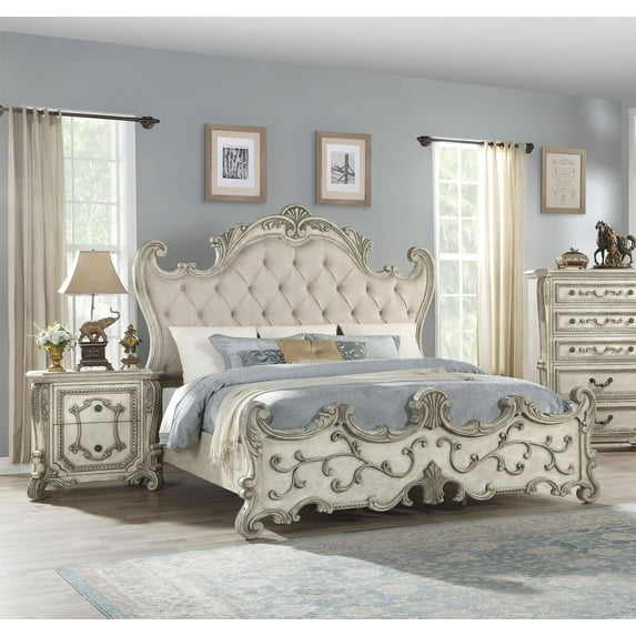 1pc Bedroom Furniture Antique White Finish Eastern King Size Bed