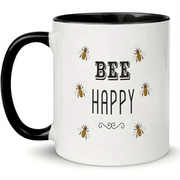 1pc, Bee Happy Mug, Inspirational Coffee Cup With Bee Motif, Adorable Bee Design, Motivational Mugs, Tea Mugs, Unique Gift For He, Mug Gift, 11oz
