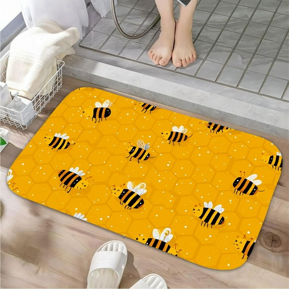 1pc Bee Pattern on Honeycomb Absorbent Non-Slip Bathroom Thickened Flannel Rug Decor,Soft,Quick Drying,Suitable For Indoor/outdoor Use,Bathrooms,Bedrooms,Kitchens,Terrace,Laundry Rooms,16"x24"