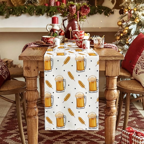 1pc Beer Cup Golden Wheat 2D Table Runner, Daily Holiday Table Decor, Housewarming Gift, Christmas Thanksgiving Labor Day