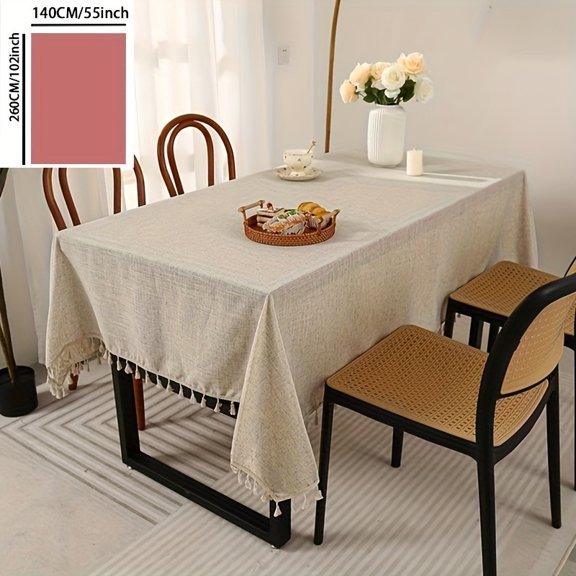 1pc Beige Tablecloth with Tassels | Polyester, Rectangular, Machine Made, Solid Color for Hanukkah