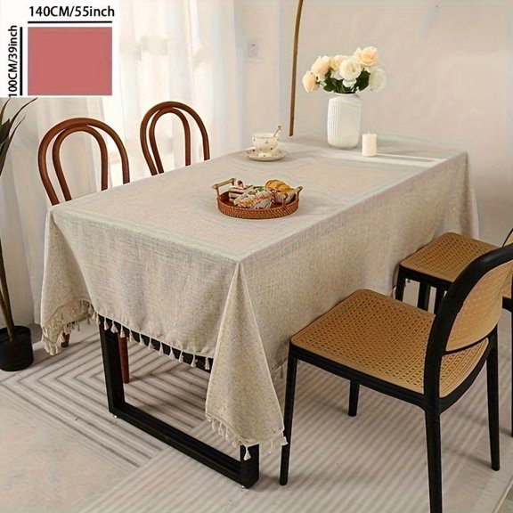 1pc Beige Tablecloth with Tassels | Polyester, Rectangular, Machine Made, Solid Color for Hanukkah