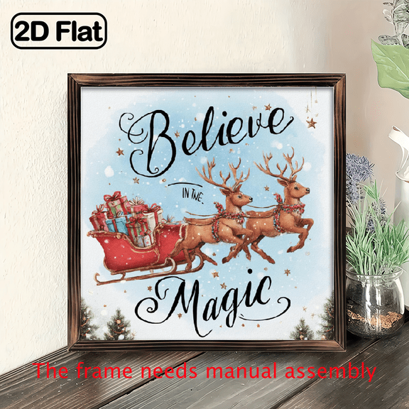 1pc Believe In The Magic Wooden Frame Sign- Rustic Christmas Plaque with Santa Sleigh Reindeer Design, Vintage Farmhouse Holiday Wall Art, 8x8 Inch Recycled Wood Decor, Vibrant Color Finis