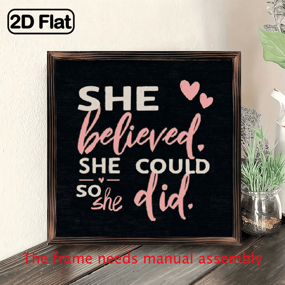 1pc She Believed She Could So She Did 8X8 Wood Sign- Pink Black Motivational Quote With Hearts, Horizontal Inspirational Wall Art Home Office Decor, Religious Family Friends 