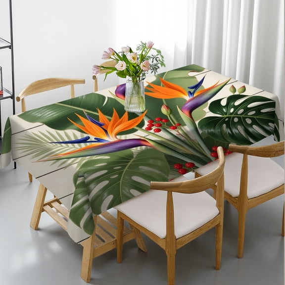 1pc Bird of Paradise Green Plam Leaves Print Rectangular Tablecloth, Kitchen Accessories Polyester Tablecloths, Bird of Paradise Green Plam Leaves