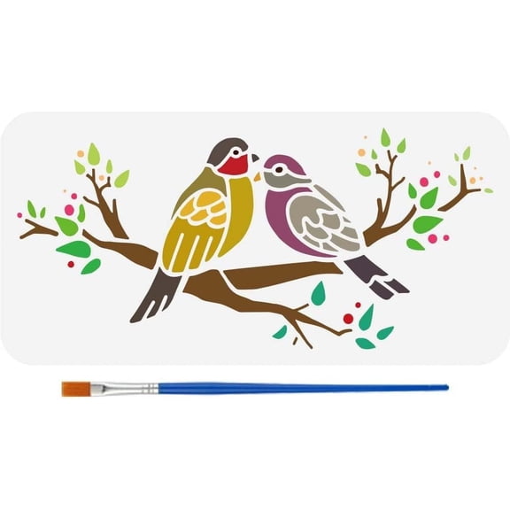 1pc Birds and Branches Stencil with a Paint Brush 11.8x5.9Inch Birds Large Stencil Branches Painting Stencil Animal Theme Drawing Templates