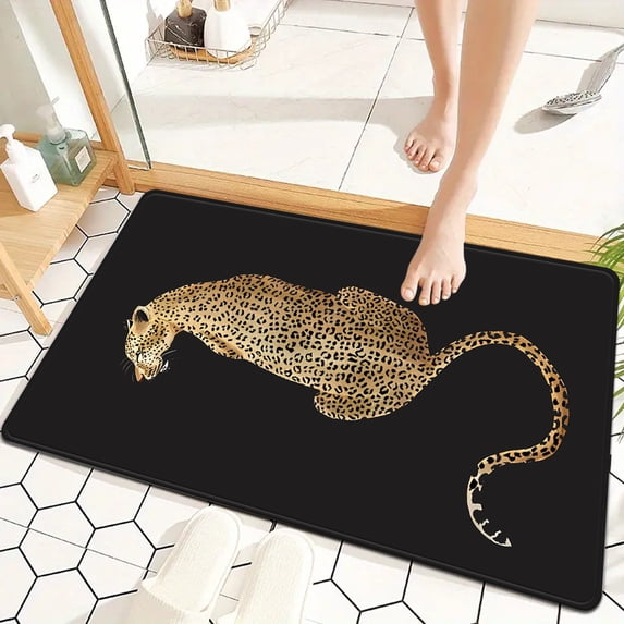 1pc Black Background Animal Theme Leopard Pattern Long Runner Mat, Suitable for Kitchen, Bathroom Entrance, Laundry Room Decoration