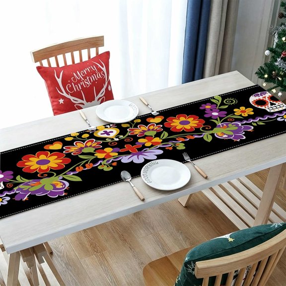 1pc Black Background Skeleton Floral Print Table Runner, Polyester Mexico Table Decor (13x48/13x70/13x108 inch) Mexico Themed Holiday Present