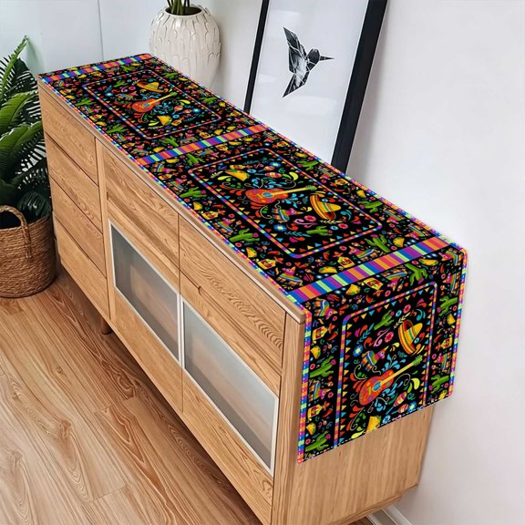 1pc Black Base Rainbow Guitar Folk Flower 2D Table Runner, Kitchen Yard Xmas Decor, Mexican Rustic Table Centerpiece Gift, Christmas Thanksgiving Labor Day