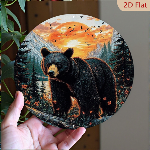 1pc Black Bearamp Forest Sunset Scene Round Metal Sign - Waterproof Aluminum Art with PreDrilled Holes - HD Printed Wall Decor for Homeamp Outdoors - For Nature Lovers - 8*8inch