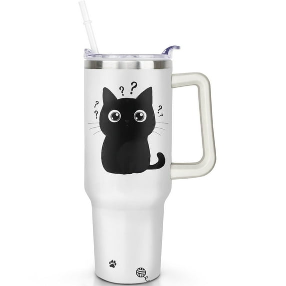 1pc Black Cat 40oz Tumbler with Straw & Handle - Insulated Stainless Steel Cup | Holiday Gift for Man Women (Christmas, Valentine's, Birthday)