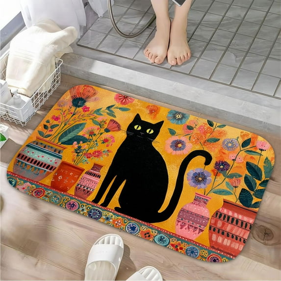 1pc Black Cat with Flower Vases Absorbent Non-Slip Bathroom Thickened Flannel Rug Decor,Soft,Quick Drying,Suitable For Indoor/outdoor Use,Bathrooms,Bedrooms,Kitchens,Terrace,Laundry Rooms,16"x24"
