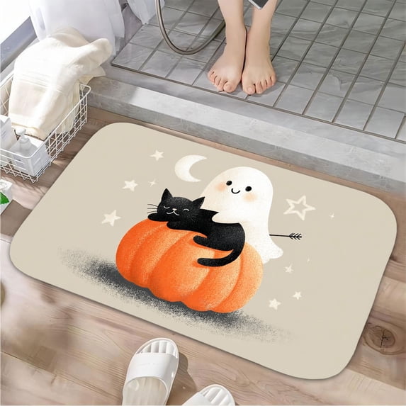1pc Black Cat Ghost and Pumpkin Absorbent Non-Slip Bathroom Thickened Flannel Rug Decor,Soft,Quick Drying,Suitable For Indoor/outdoor Use,Bathrooms,Bedrooms,Kitchens,Terrace,Laundry Rooms,16"x24"
