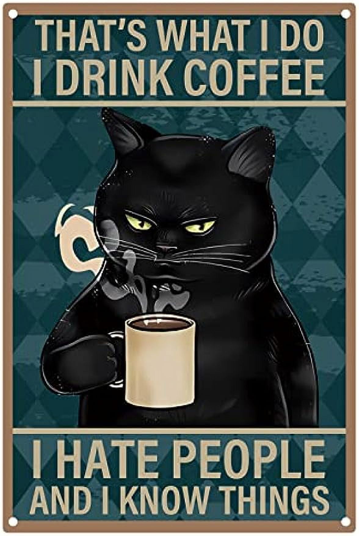 1pc Black Cat Metal Tin Signs Funny Cat Drink Coffee Pattern Wall