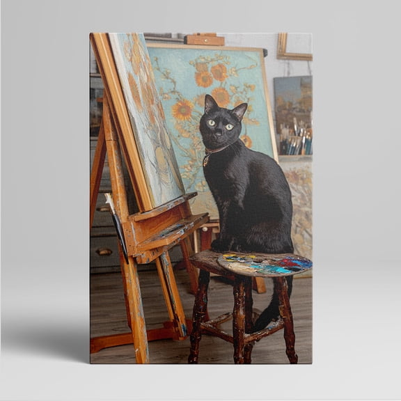 1pc Black Cat Sitting on a Paint - Splattered Stool in an Art Studio with Sunflower Painting in the Background framed Decor room hanging Wall Picture Decor for Home Gifts, living room, bathroom,