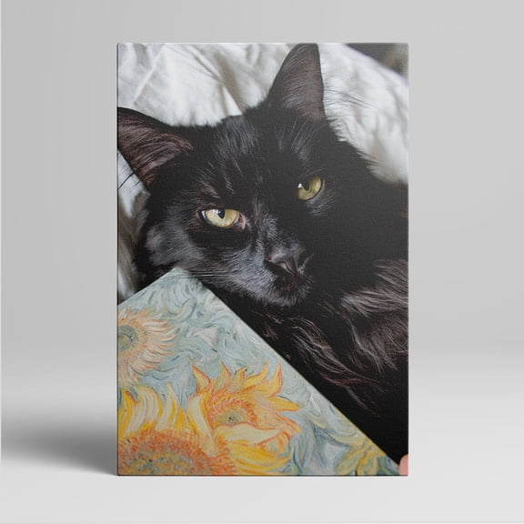 1pc Black Cat with Striking Yellow Eyes Lying on a Bed Next to a Section of Van Gogh - style Sunflowers Framed Decor room hanging Wall Picture Decor for Home Gifts, living room, bathroom, bedroom,