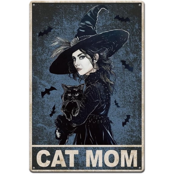 1pc Black Cats Tin Sign Cat Mom Vintage Metal Tin Signs Black Cat Funny Wall Art Painting Metal Decor for Bedroom Playroom Nursery Library Cafe Bar Home Mixed Color