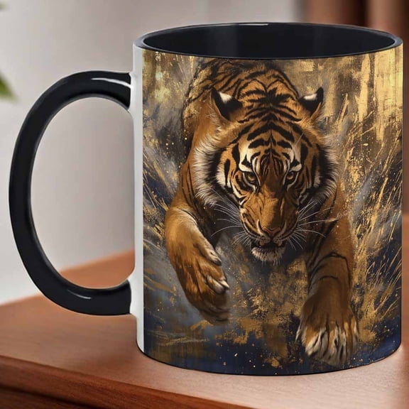 1pc Black Ceramic Mug with Tiger Leaping Design & Splatter - 11oz Tea Cup, Striking Leaping Tiger, Ceramic for Home, Office, Camping - Ideal Gift for & Tea Lovers