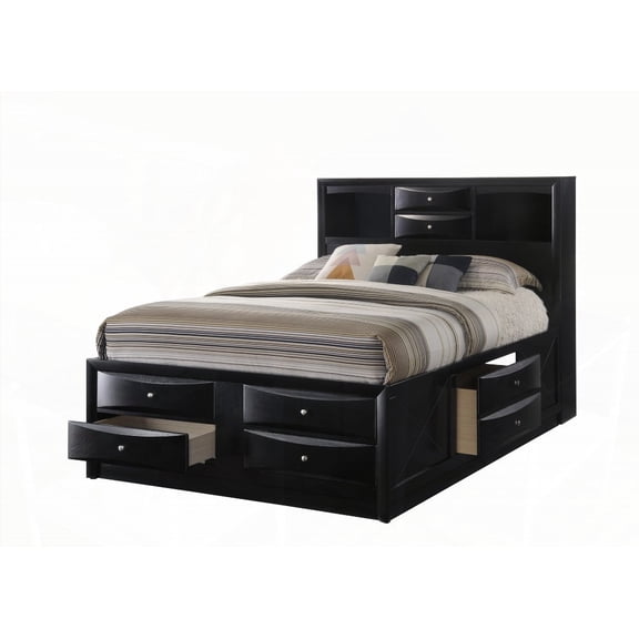 1pc Black Finish Queen Captain's Platform Bed with a Bookcase Headboard & Side Storage