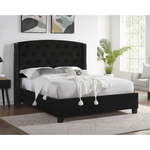 1pc Black Finish Wooden Bedroom Furniture - Contemporary Upholstered Bed with Details