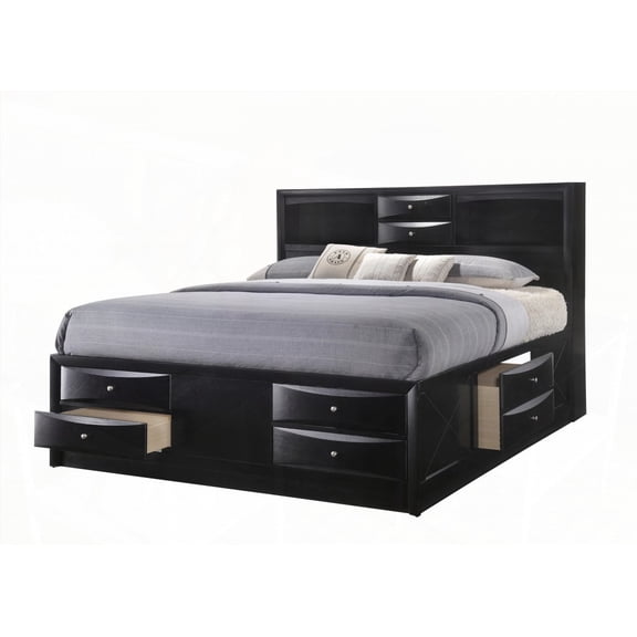 1pc Black Finished King Captain's Platform Bed with a Bookcase Headboard & Storage, Solid Wood