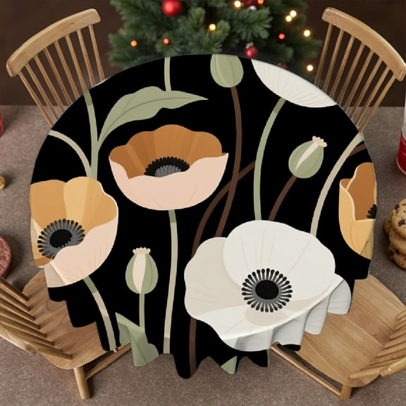 1pc Black Floral Print tablecloths for round tables, Holiday-Themed Design Machine-Made, Black Floral