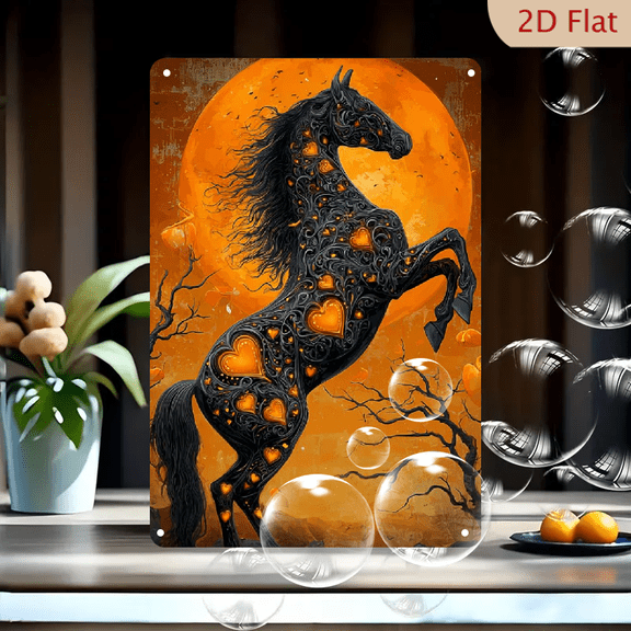 1pc Black Horse with Orange Heart Patterns Retro Metal Wall Sign - Vintage Iron Horse Logo Plaque for Man Cave, Workshop Decor - Wall-Mounted Holiday Decoration Suitable for Christmas, Valent