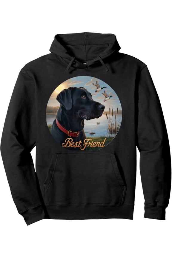 1pc Black Labrador Best Friend Hunting Waterfowl Ducks Design Hoodie - Casual Cotton Blend Pullover with Pocket - Medium Stretch Knit Fabric