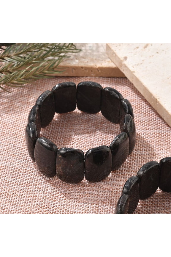 1pc Black Moonstone Beads Rectangle Beaded Stretch Bracelet Chunky Tile Elastic Bracelet for Men Women Inner Diameter: 2-1/4 inch(5.8cm)