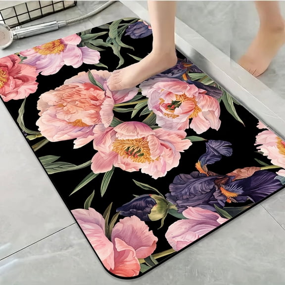 1pc Black with Peony and Iris Bathroom Rug Bathroom Decor and Accessories- Durable,Anti Slip,And Quick Drying,Suitable For Indoor/outdoor Use - Perfect For Bathrooms,Bedrooms,Kitchens,Terraces