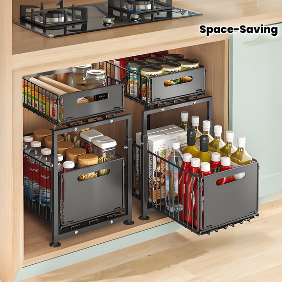 1pc Black Pull Out Cabinet Drawer Organizer 2-Tier No Drill Slide Out Shelf Heavy Duty Slide Out Pantry Shelves for Kitchen Cabinets