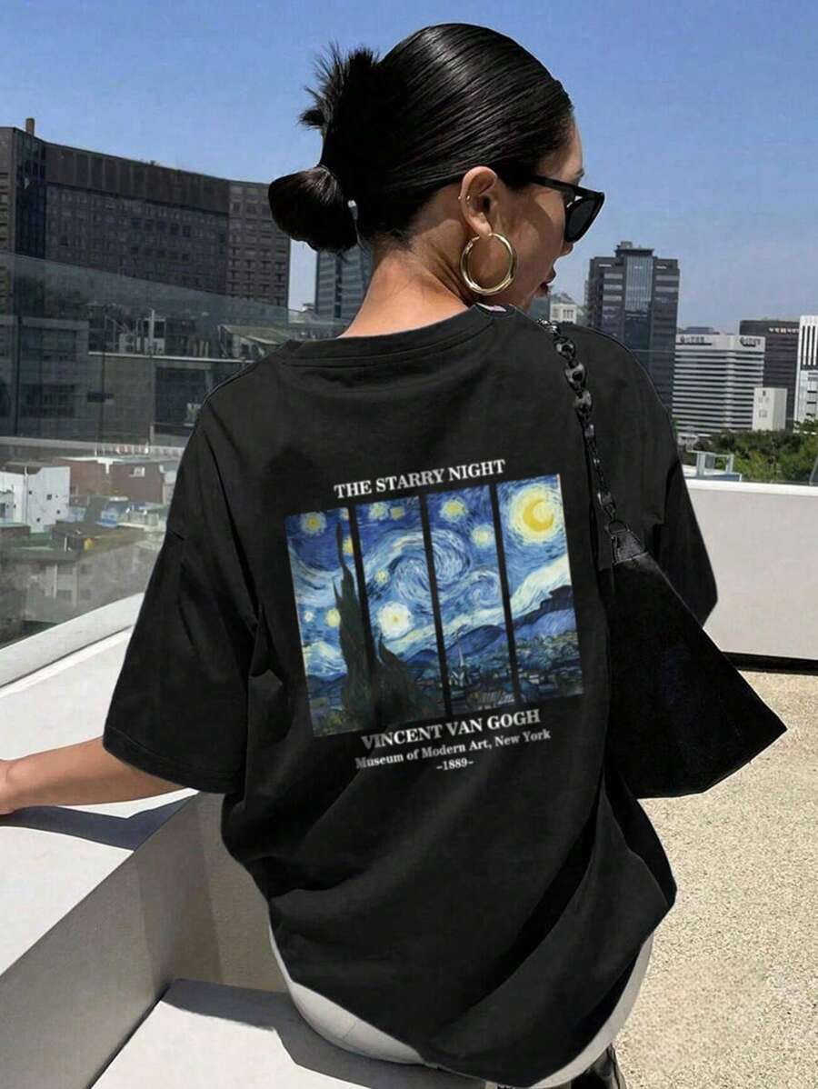 1pc Black Starry Sky Short Sleeve T-Shirt For Teenage Girls, Suitable For Young Students And Adolescents