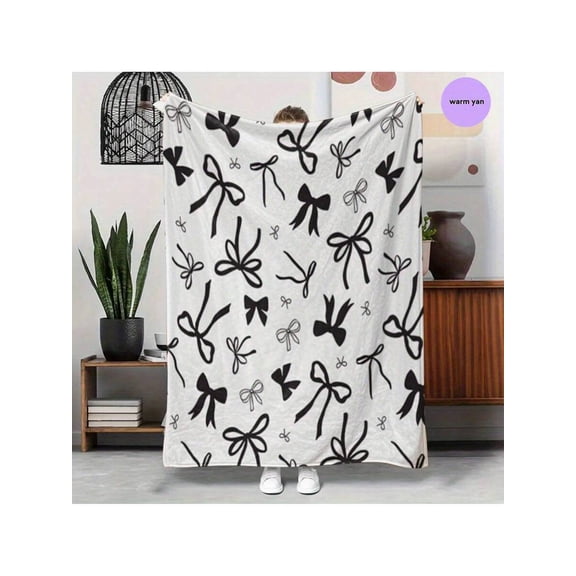 1pc Black & White Bow Print Plush Flannel Blanket - All-Season Bedspread, Sofa Cover, Travel Shawl, Soft Bedding &, Washable Cozy, Contemporary Bed Cover Home Or On--Go