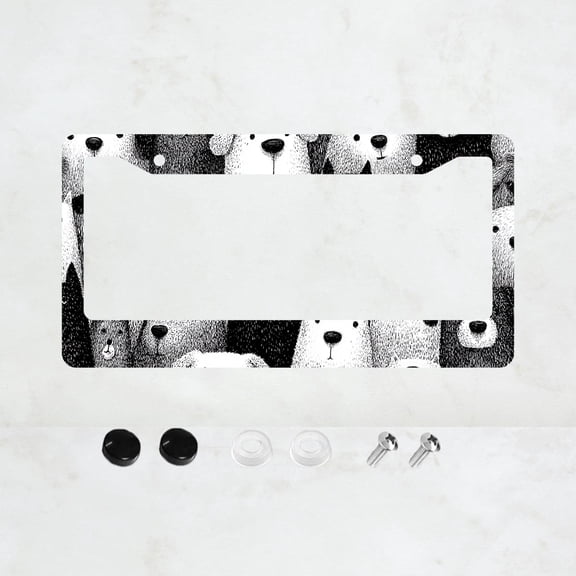 1pc Black and White Cartoon Bear Pattern 2 Hole License Plate Frame, Aluminum Material, 6x12 Inches with Screw Set, Fun Car Decoration Gift,  American Car License Plate Standard Universal Size