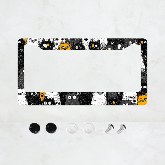 1pc Black and White Cartoon Cat Pattern 2 Hole License Plate Frame, Aluminum Material, 6x12 Inches, with Screw Set, Fun Car Decoration Gift, Retro Style, Fits US Standard License Plate Size