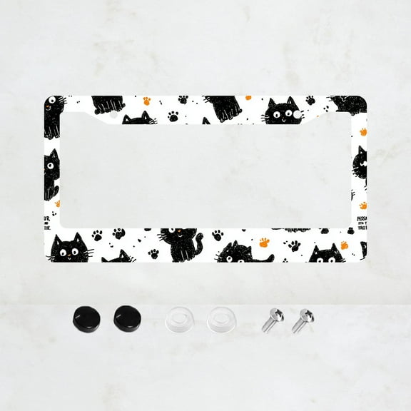 1pc Black and White Cat Pattern 2 Hole License Plate Frame, Aluminum Material, 6x12 Inches, with Screw Set, Cartoon, Fun, Car Decoration, Perfect Gift, Fits US Standard License Plate Size