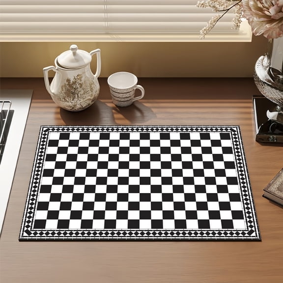 1pc Black & White Checkered Dish Drying Mat - Absorbent, Non-Slip Kitchen Countertop Pad for Dishes, Coffee Machines, and Laundry Appliances - Versatile Home Decor Accessory