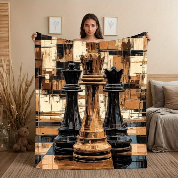 1pc Black & White Chess Board Print Flannel Throw Blanket - Soft Cozy All-Season Lightweight Retro Chessboard Pattern with Black/White/Gray Pieces - Machine Washable Polyester Bedspread for Couch, Be