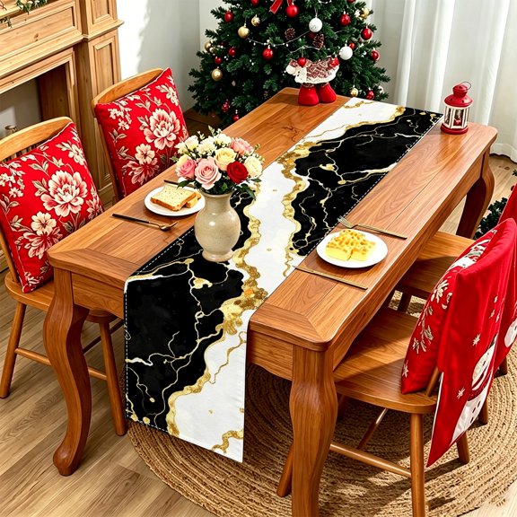1pc Black White Gold Marbling 2D Table Runner, Indoor Retail Holiday Gifting Decor, Minimalist Stylish Table Linen Gift Thanksgiving Christmas