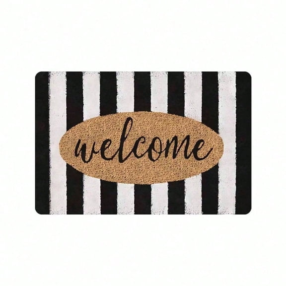 1pc Black White Stripe Welcome Doormat Non Slip Rubber Back Machine Washable Indoor Outdoor Entry Rug