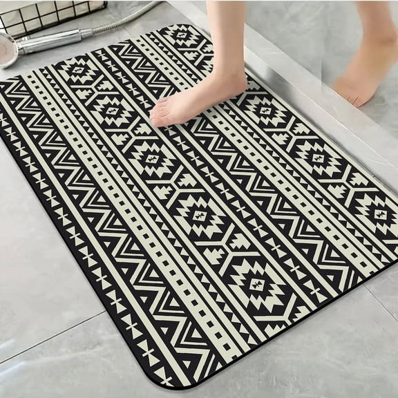 1pc Black and White Tribal inspired Bathroom Rug Bathroom Decor and Accessories- Durable,Anti Slip,And Quick Drying,Suitable For Indoor/outdoor Use - Perfect For Bathrooms,Bedrooms,Kitchens,Terraces